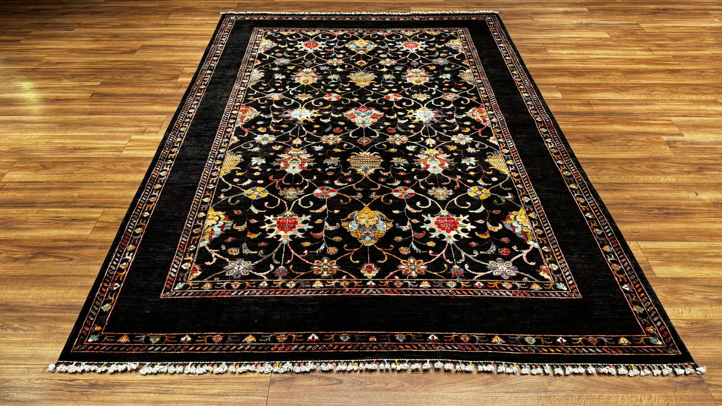 Sultani Binbirgece Original Hand Woven Black Vegetable Dyed Wool Carpet 210x299 6.28 Square Meters - 7x10 ft