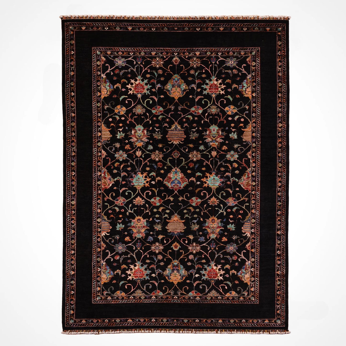 Sultani Binbirgece Original Hand Woven Black Vegetable Dyed Wool Carpet 210x299 6.28 Square Meters - 7x10 ft