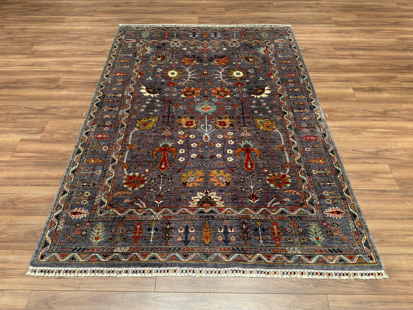 Sultani Floral Original Hand Woven Gray Vegetable Dyed Wool Carpet 172x236 4.06 Square Meters - 5x8 ft